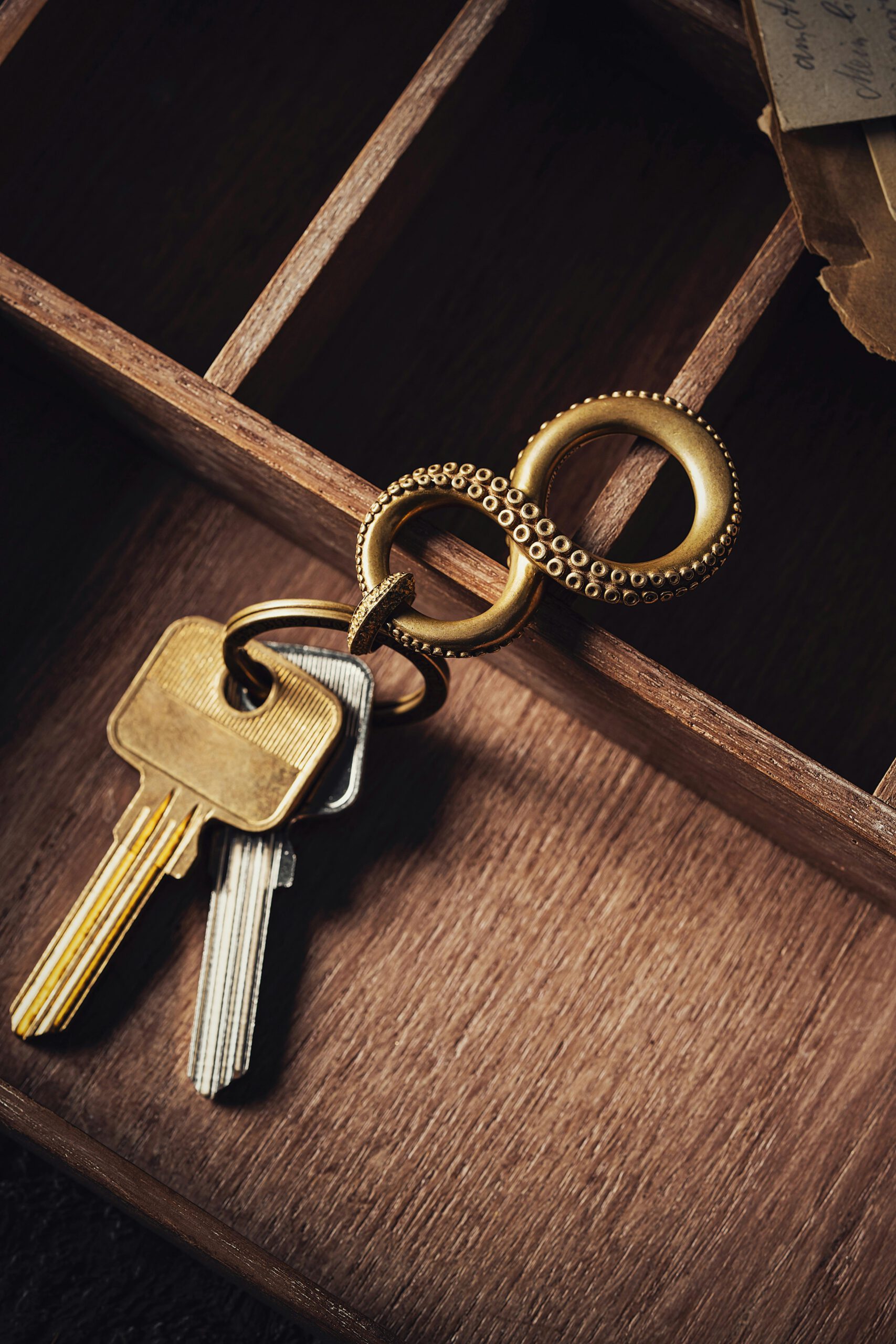 Close-up of a golden ornamented keychain holding silver and golden keys.